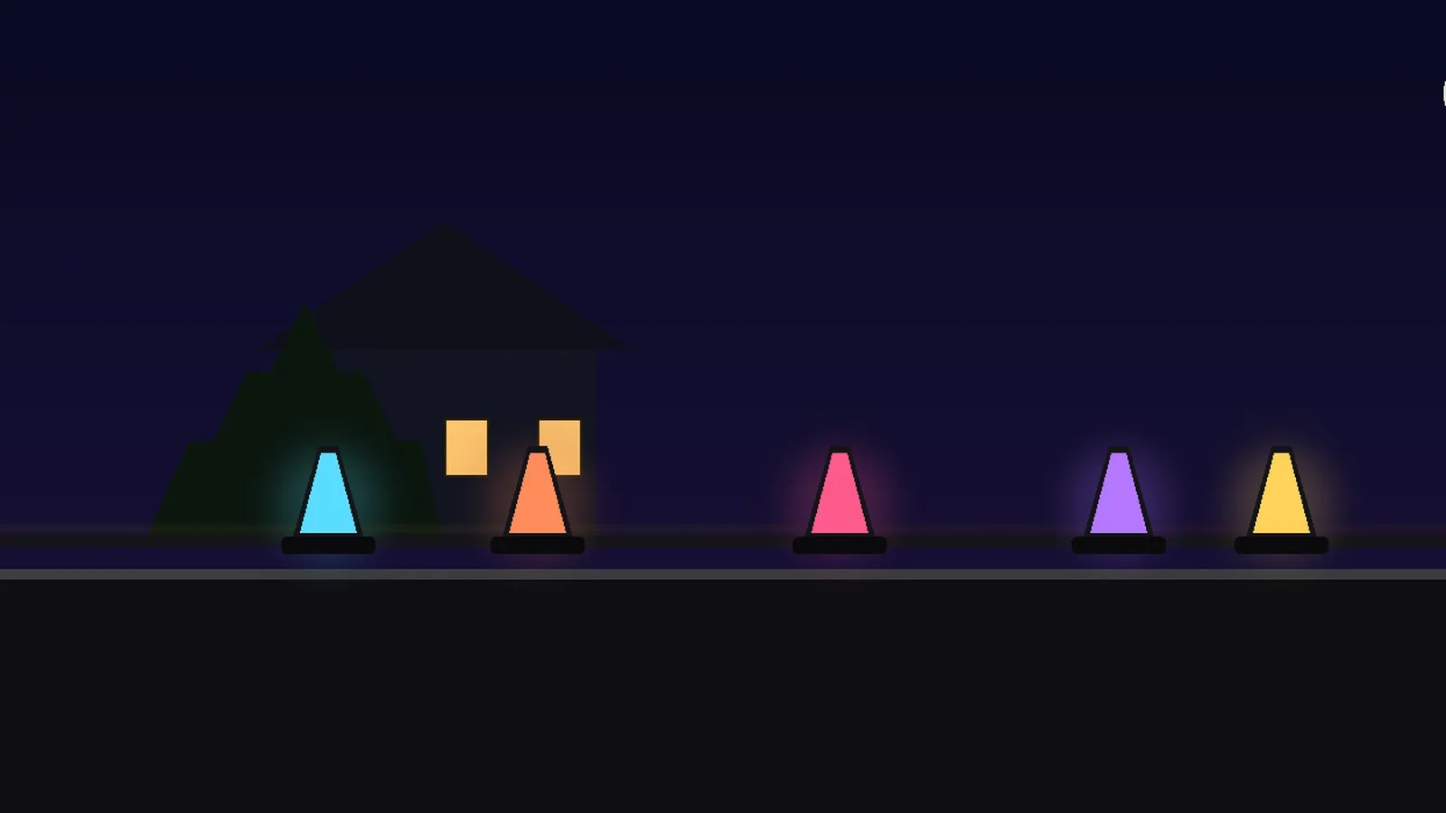 Illustration nocturne d'une maison et de cônes lumineux colorés